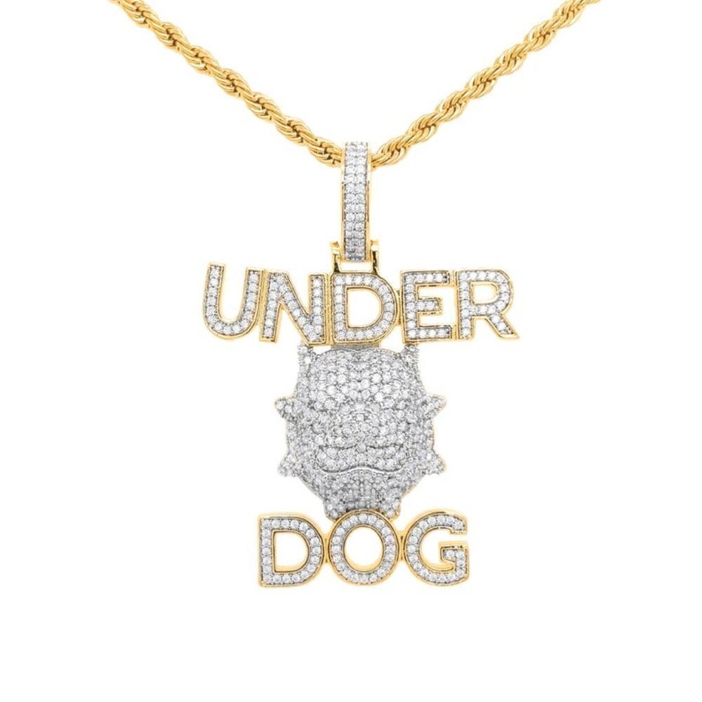 14k Gold Finish Under Dog Pendant with Rope Chain